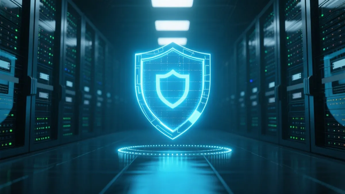一个发光的数字盾牌保护着服务器机房的抽象概念图，强调数据安全与合规