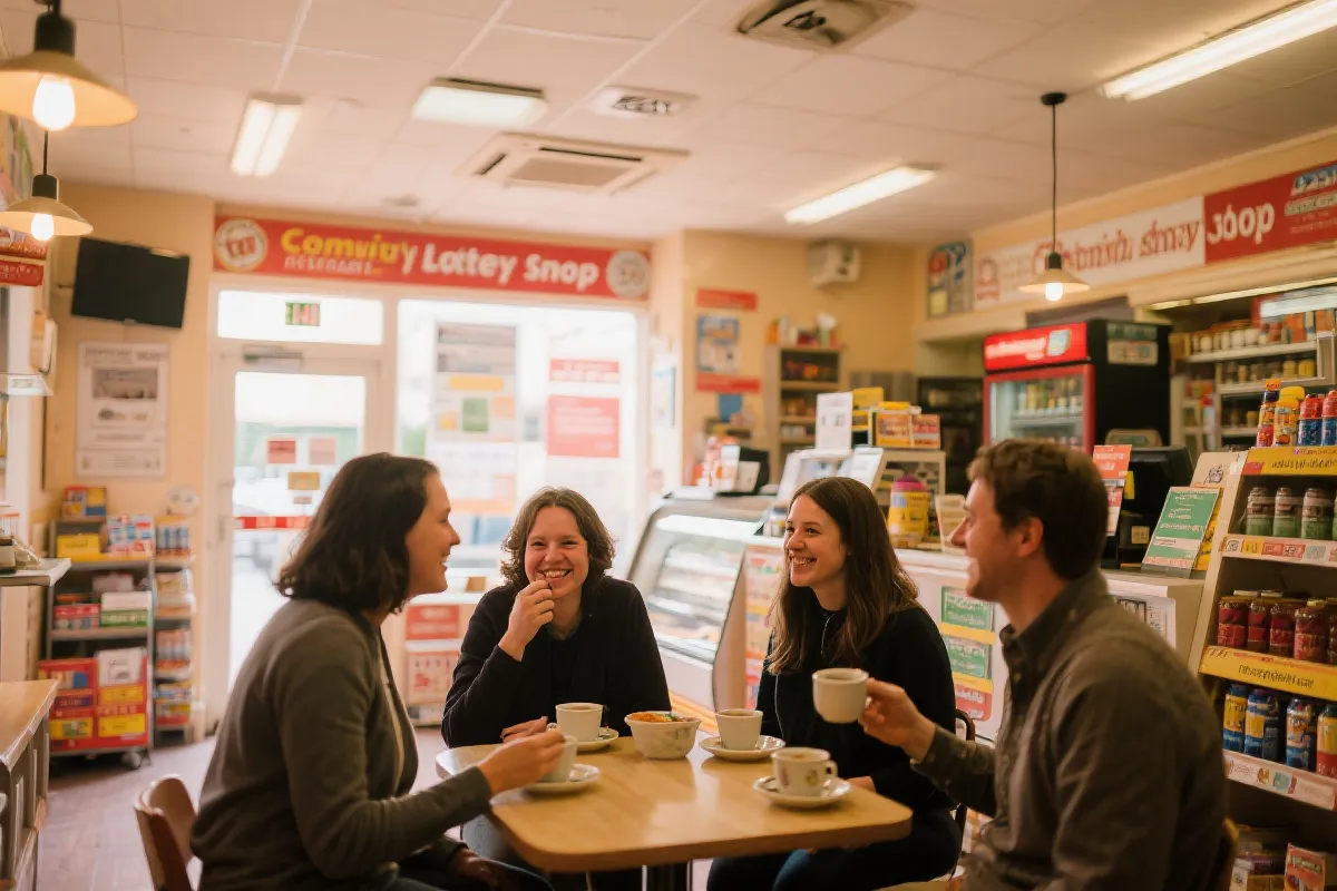 社区型体彩店内，几位街坊围坐品茶聊天，轻松交流开奖信息，温暖灯光与木质桌椅